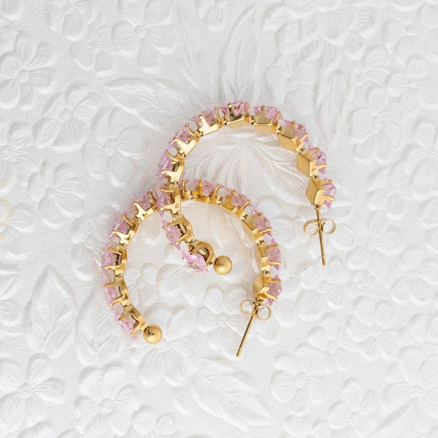 18K Gold PVD Stainless Steel Pink Stone Hoop Earrings