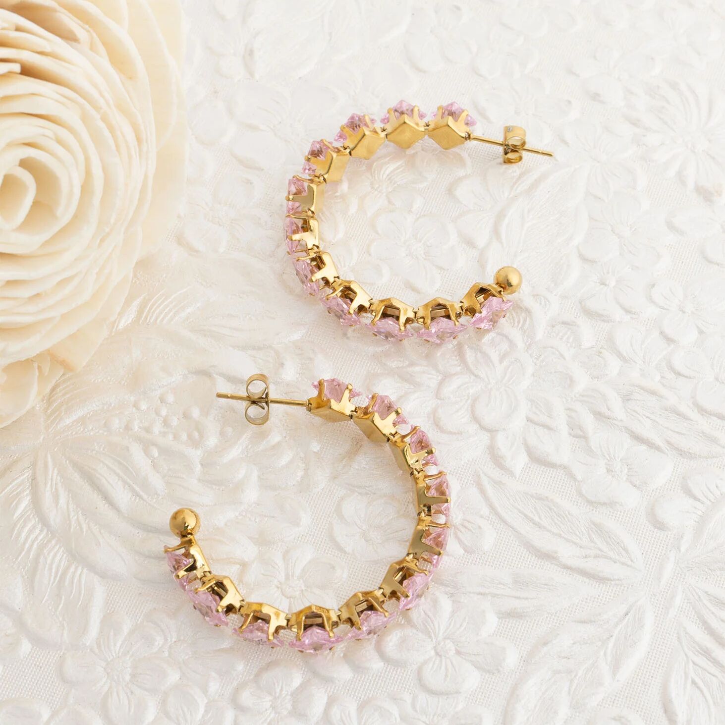 18K Gold PVD Stainless Steel Pink Stone Hoop Earrings
