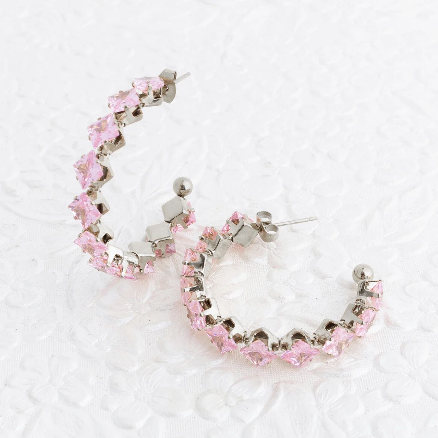 18K Gold PVD Stainless Steel Pink Stone Hoop Earrings