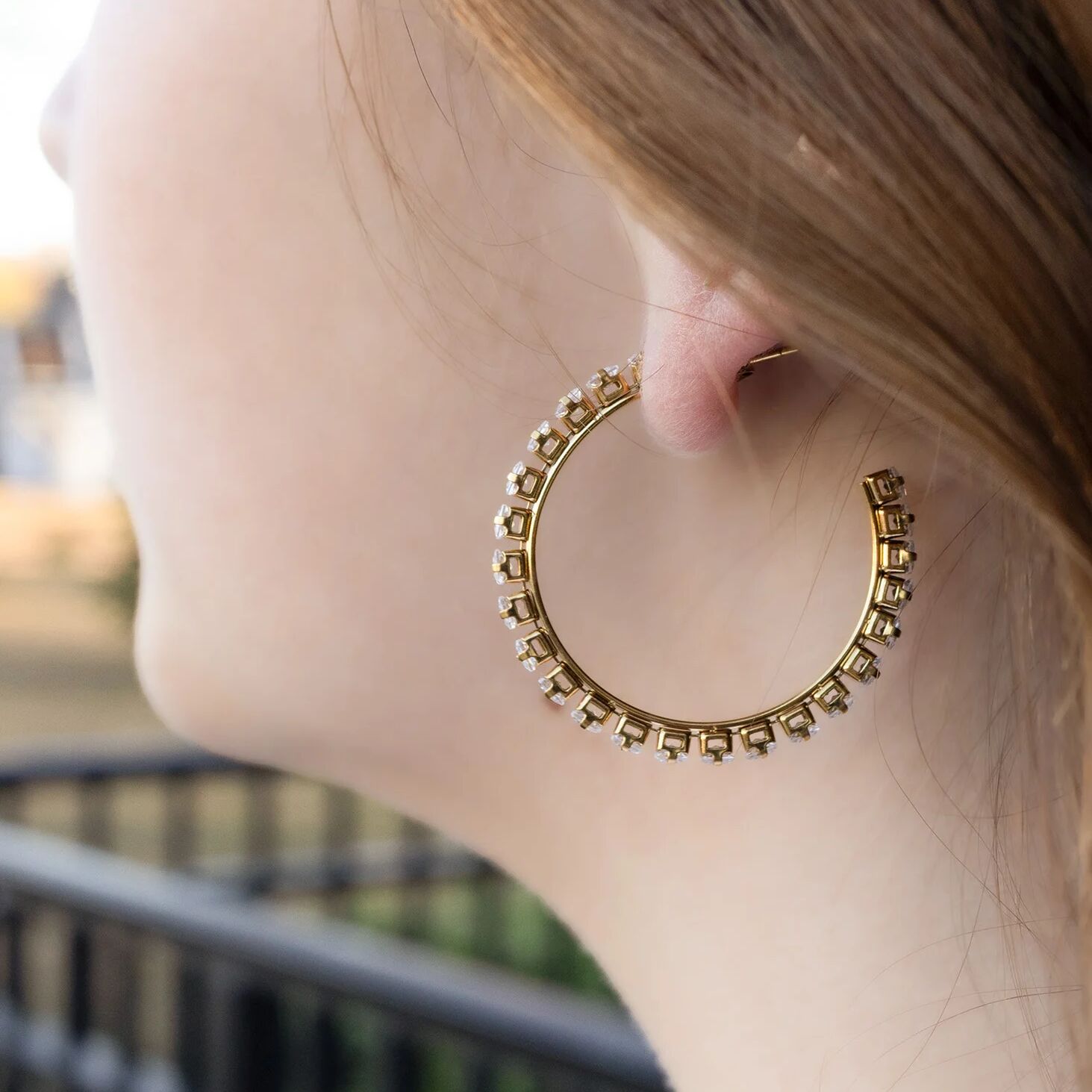 18K Gold PVD Stainless Steel CZ Stone Hoop Earrings
