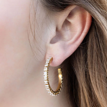 18K Gold PVD Stainless Steel CZ Stone Hoop Earrings