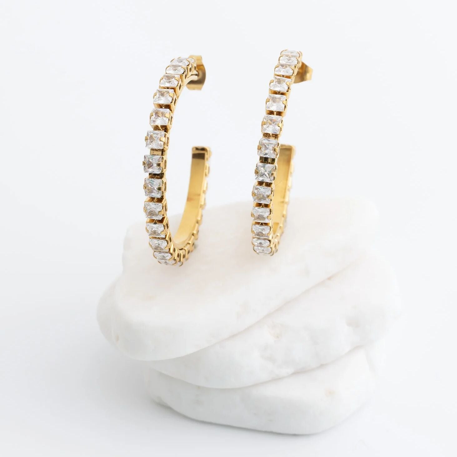 18K Gold PVD Stainless Steel CZ Stone Hoop Earrings