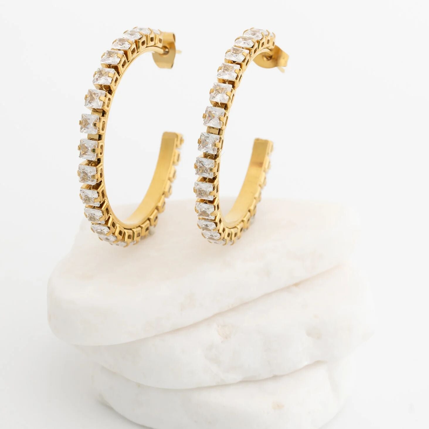 18K Gold PVD Stainless Steel CZ Stone Hoop Earrings