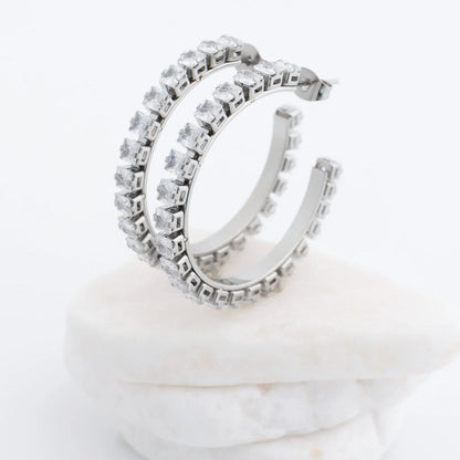 18K Gold PVD Stainless Steel CZ Stone Hoop Earrings