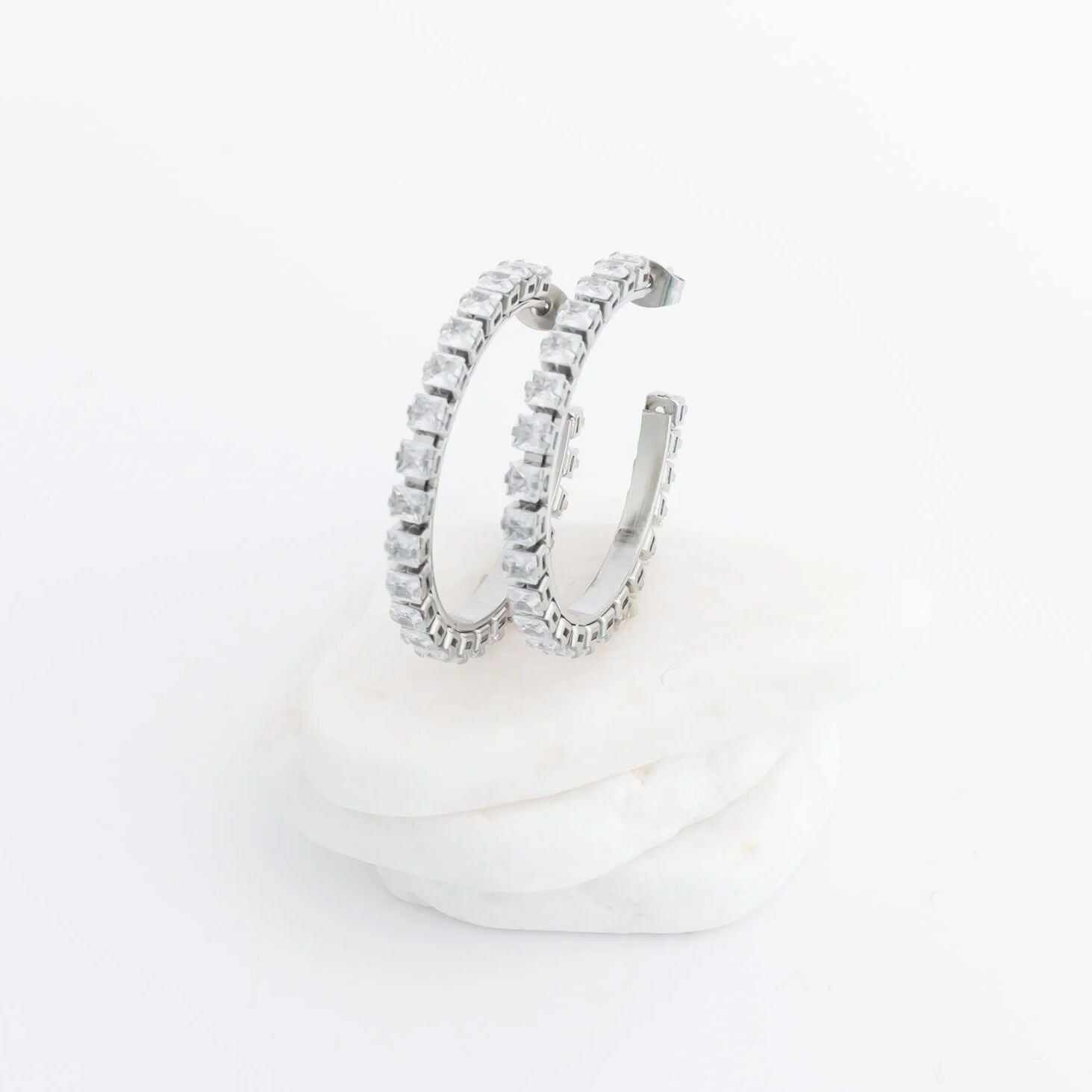 18K Gold PVD Stainless Steel CZ Stone Hoop Earrings