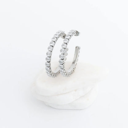 18K Gold PVD Stainless Steel CZ Stone Hoop Earrings