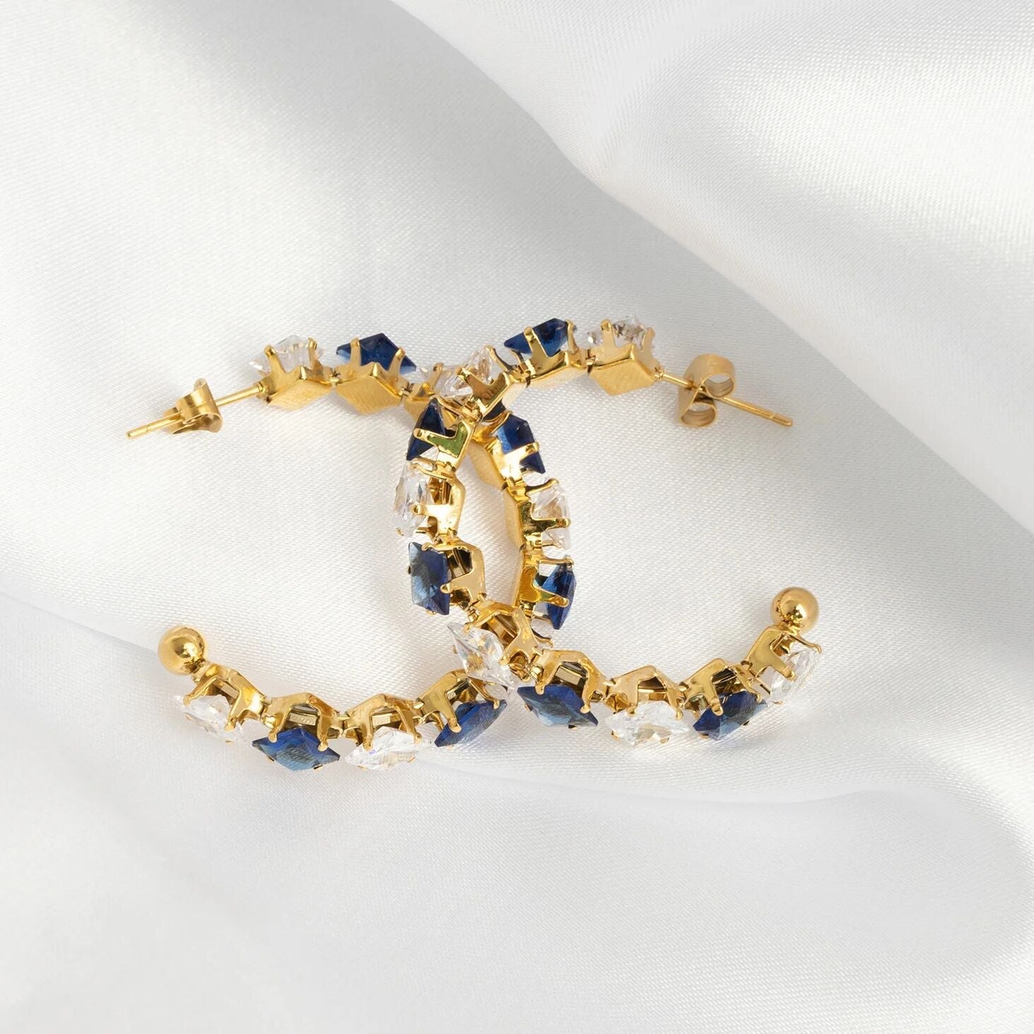 18K Gold PVD Stainless Steel Two Tone Stone Hoop Earrings