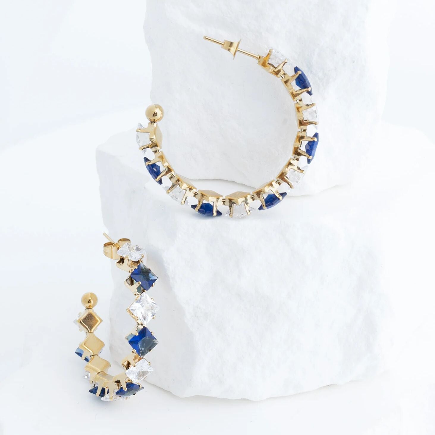 18K Gold PVD Stainless Steel Two Tone Stone Hoop Earrings