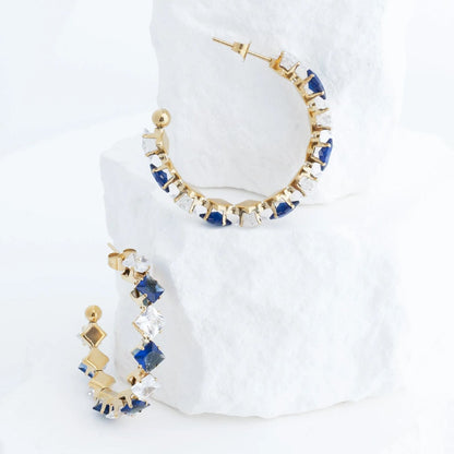 18K Gold PVD Stainless Steel Two Tone Stone Hoop Earrings