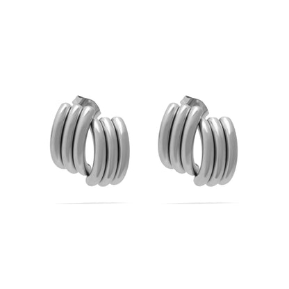 Pair of silver hoop earrings on a white background