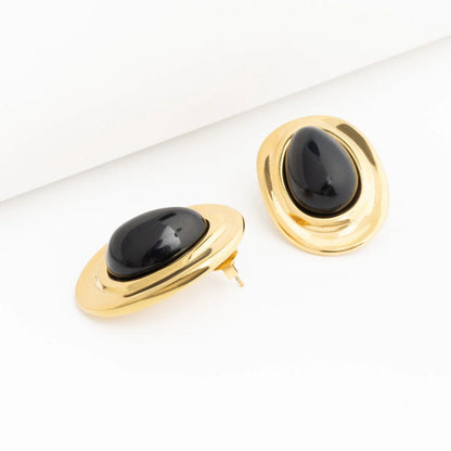 18K Gold PVD Stainless Steel Black Enamel Stud Earrings