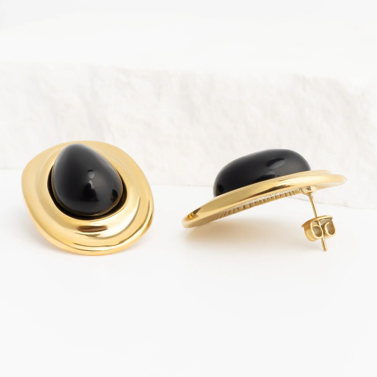 18K Gold PVD Stainless Steel Black Enamel Stud Earrings