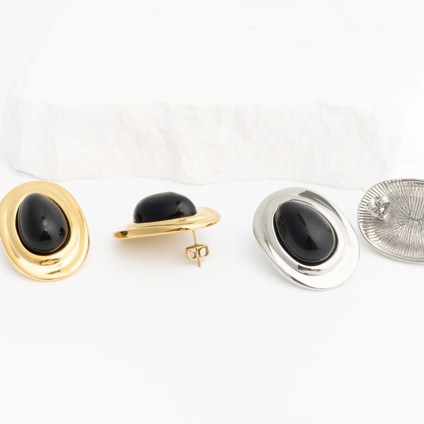 18K Gold PVD Stainless Steel Black Enamel Stud Earrings