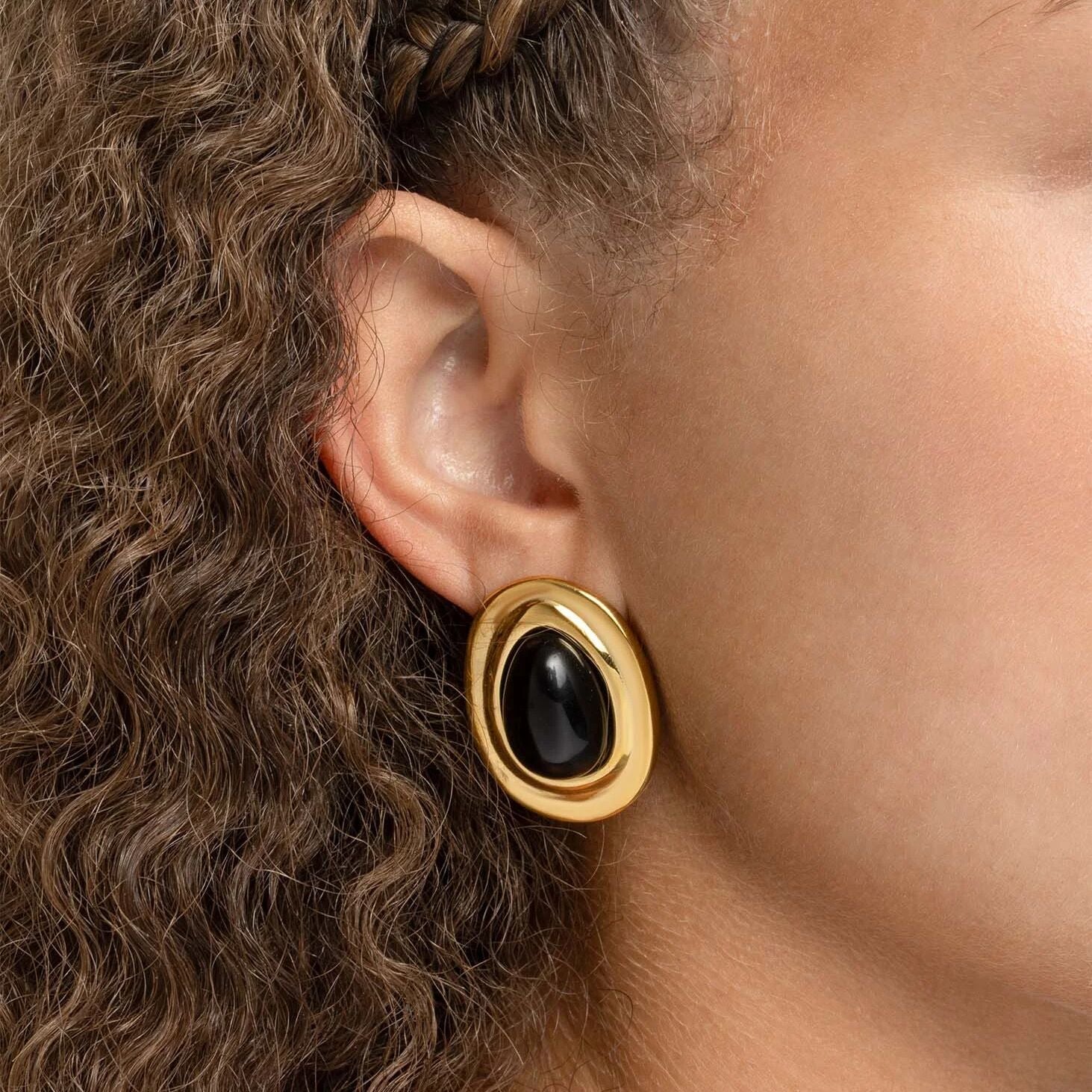 18K Gold PVD Stainless Steel Black Enamel Stud Earrings