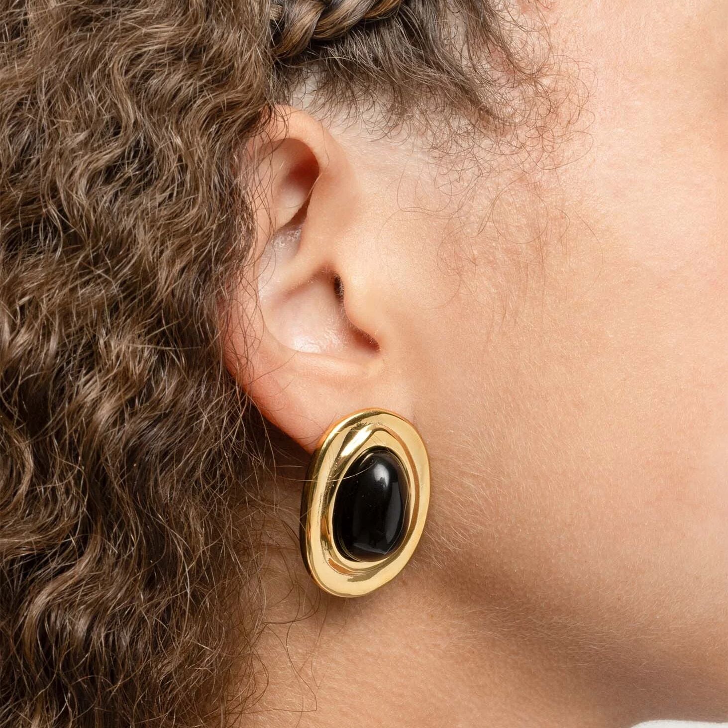 18K Gold PVD Stainless Steel Black Enamel Stud Earrings