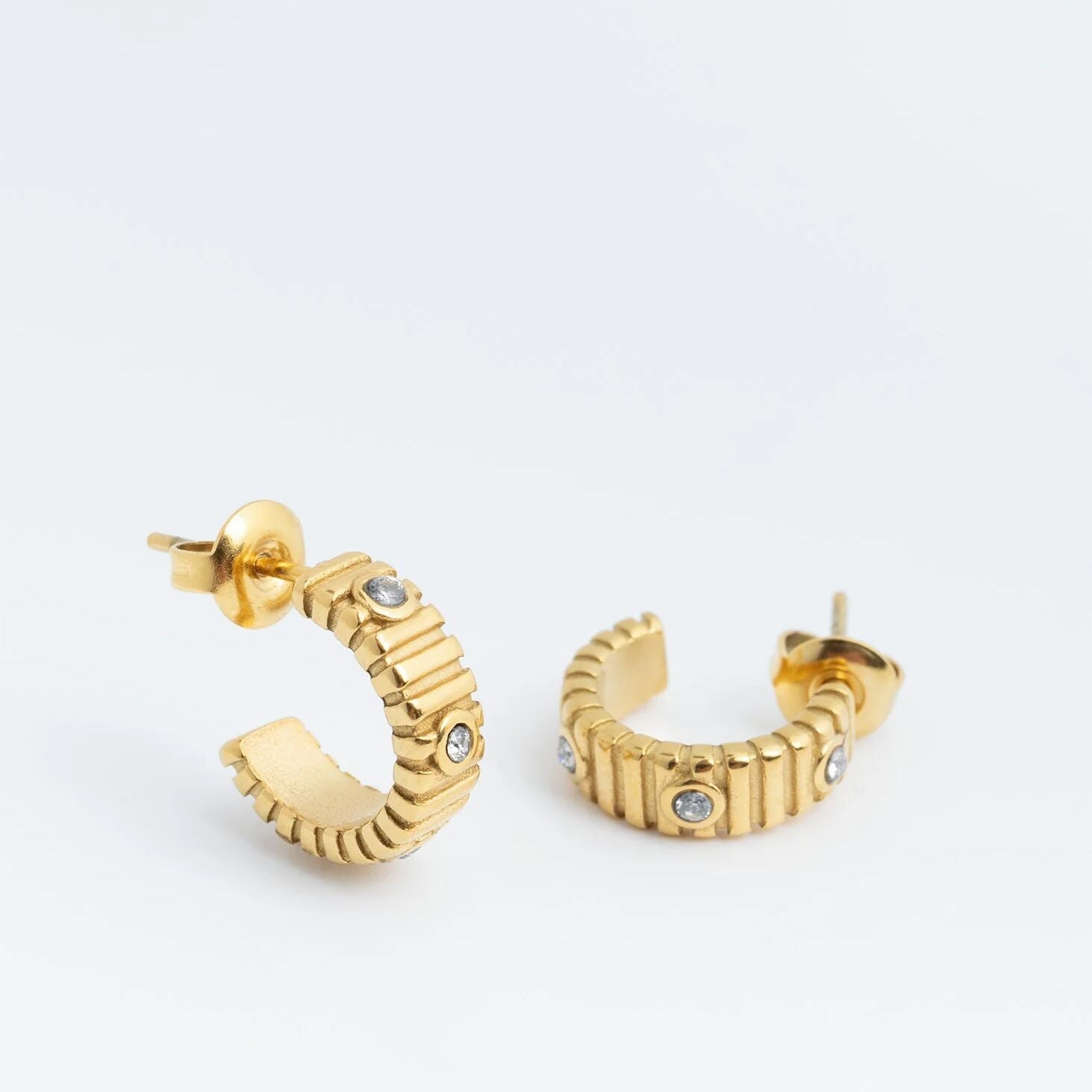 18K Gold PVD Stainless Steel Fluted Huggie with Stones Earrings