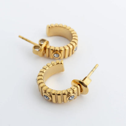 18K Gold PVD Stainless Steel Fluted Huggie with Stones Earrings
