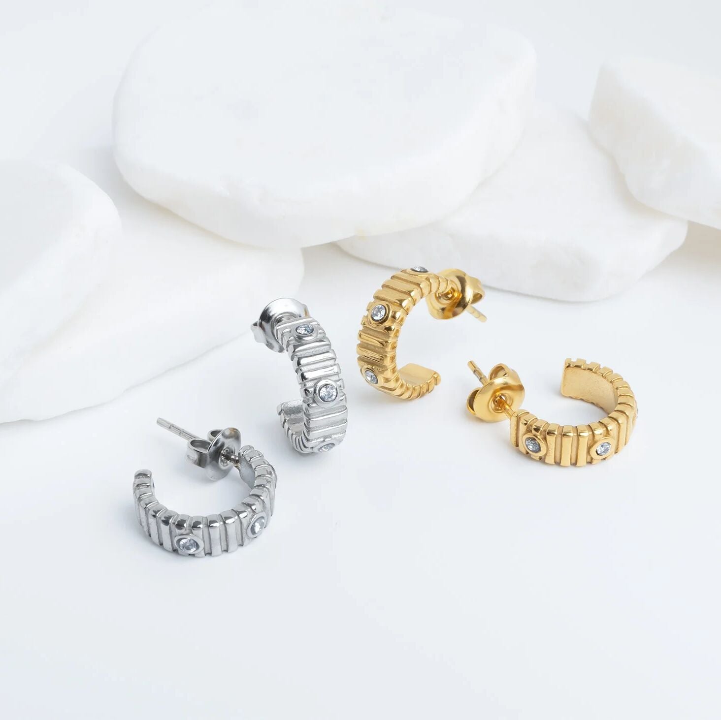 18K Gold PVD Stainless Steel Fluted Huggie with Stones Earrings
