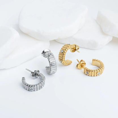 18K Gold PVD Stainless Steel Fluted Huggie with Stones Earrings
