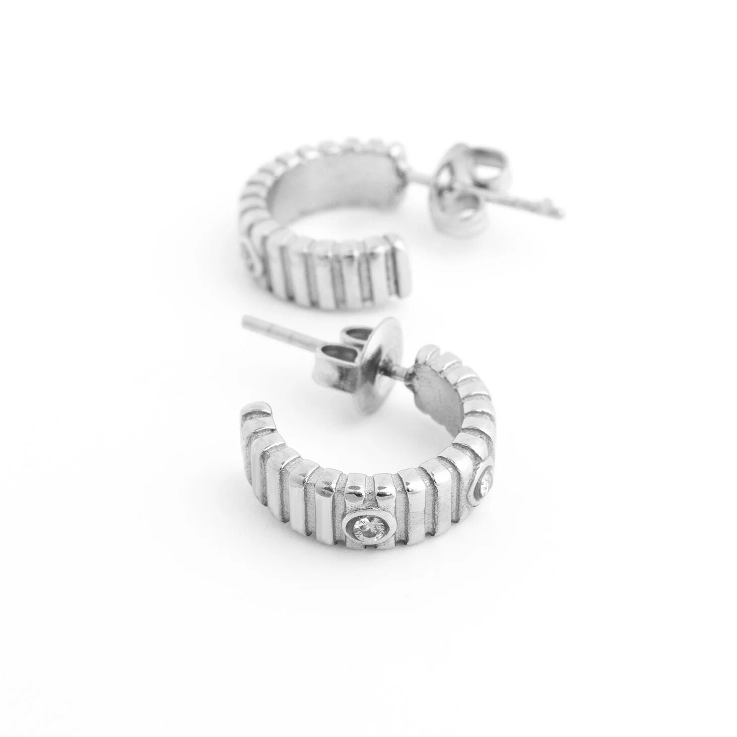 18K Gold PVD Stainless Steel Fluted Huggie with Stones Earrings