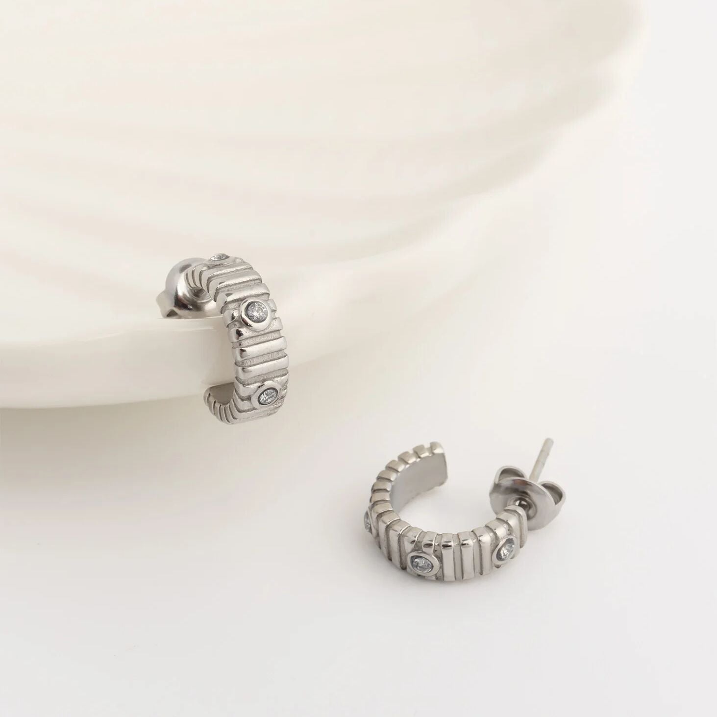 18K Gold PVD Stainless Steel Fluted Huggie with Stones Earrings