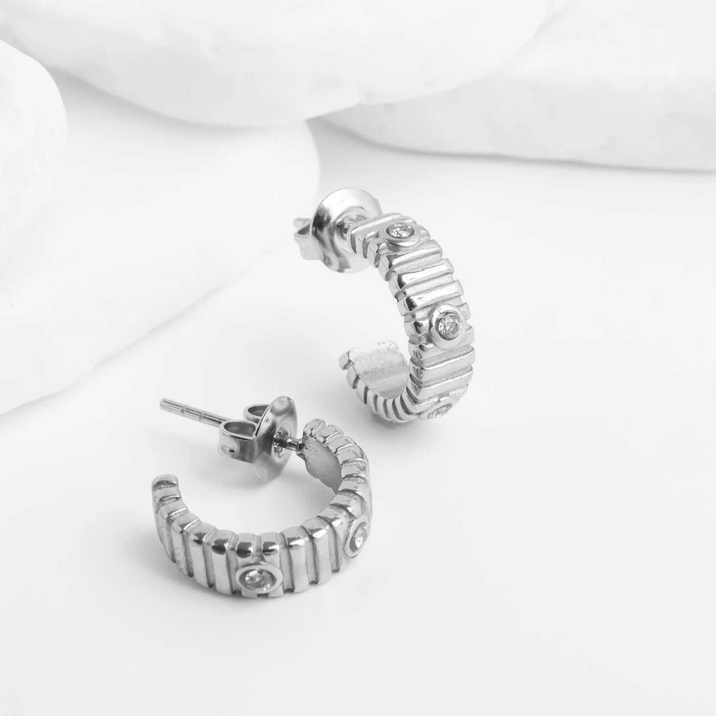 18K Gold PVD Stainless Steel Fluted Huggie with Stones Earrings