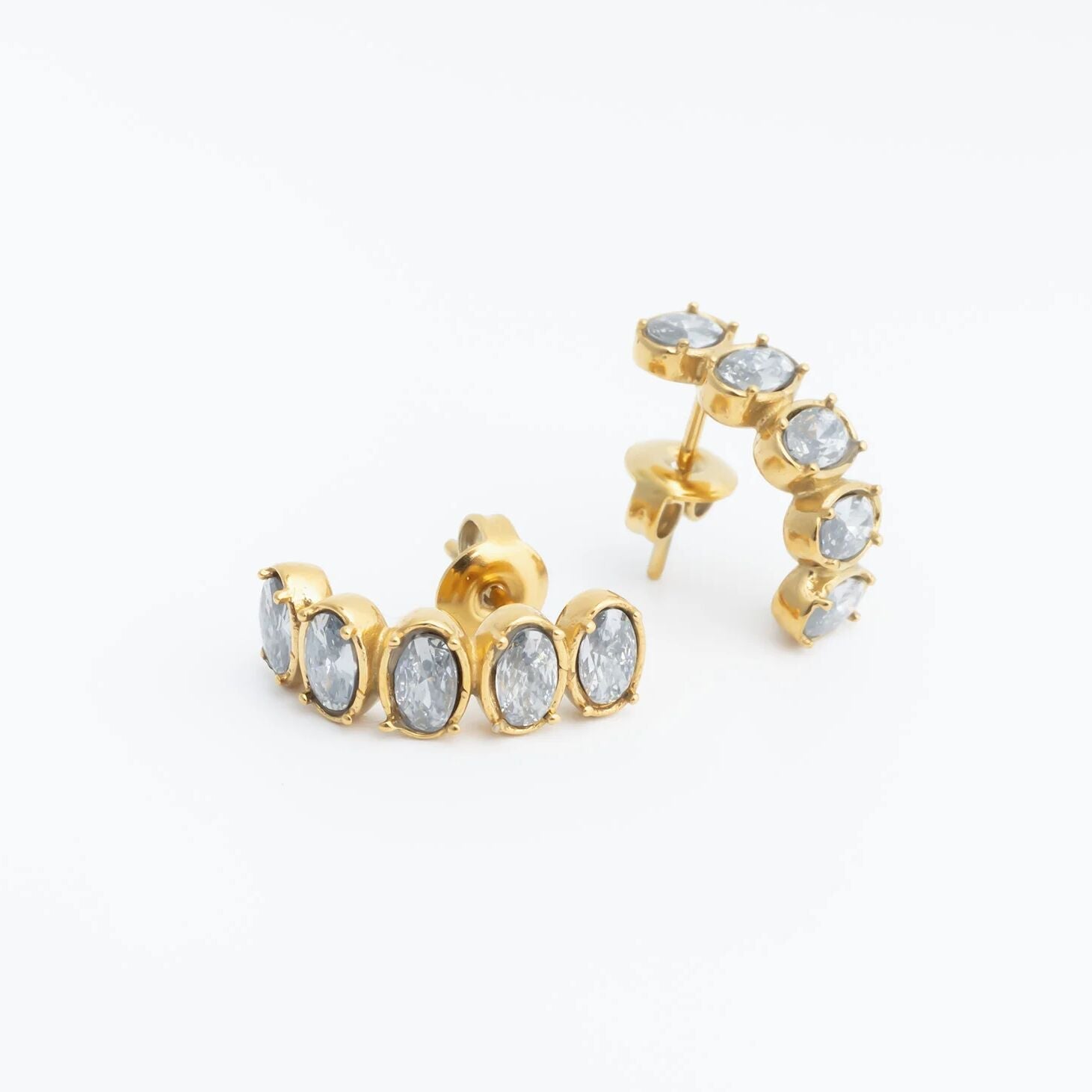 18K Gold PVD Stainless Steel Oval Stone Huggie Earrings