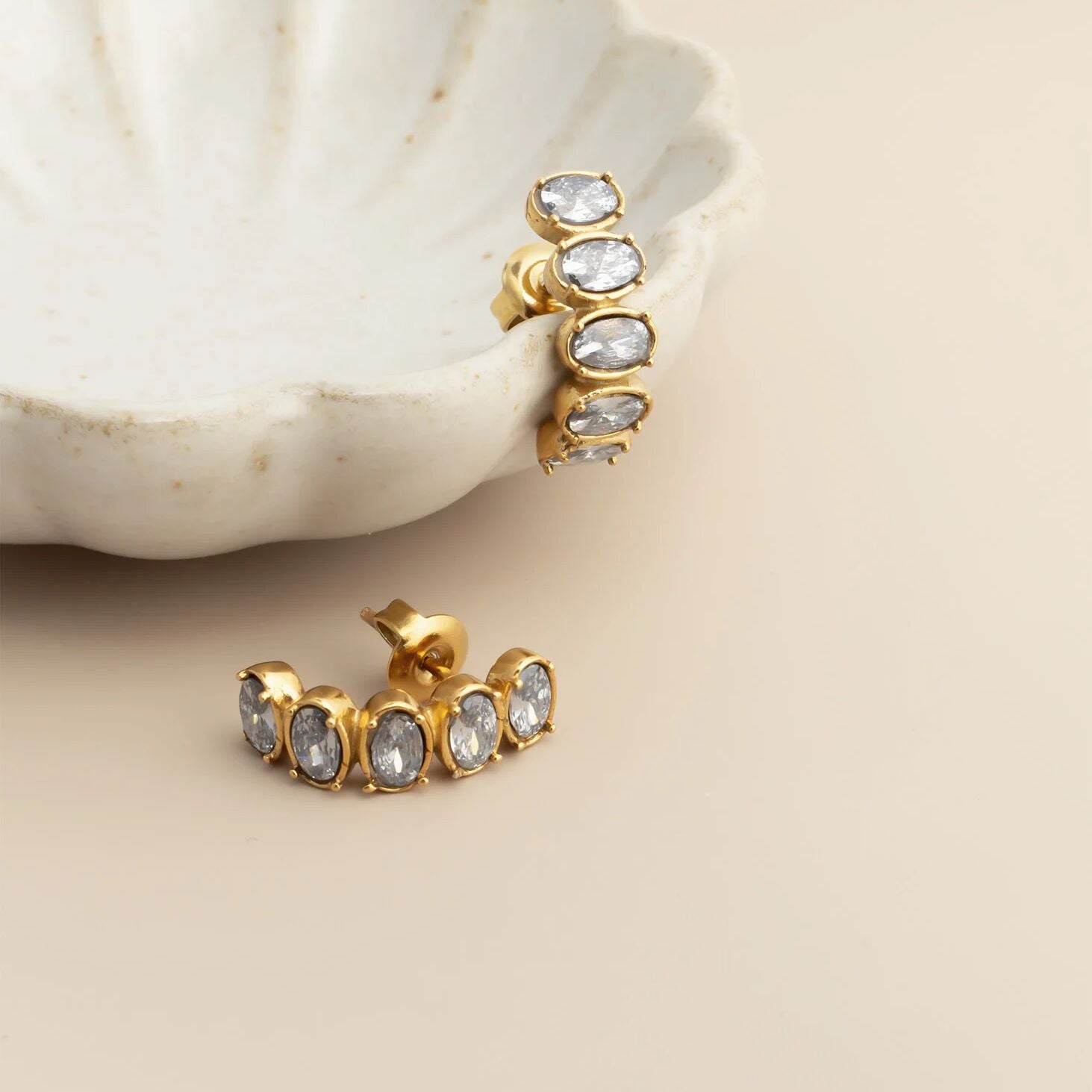 18K Gold PVD Stainless Steel Oval Stone Huggie Earrings