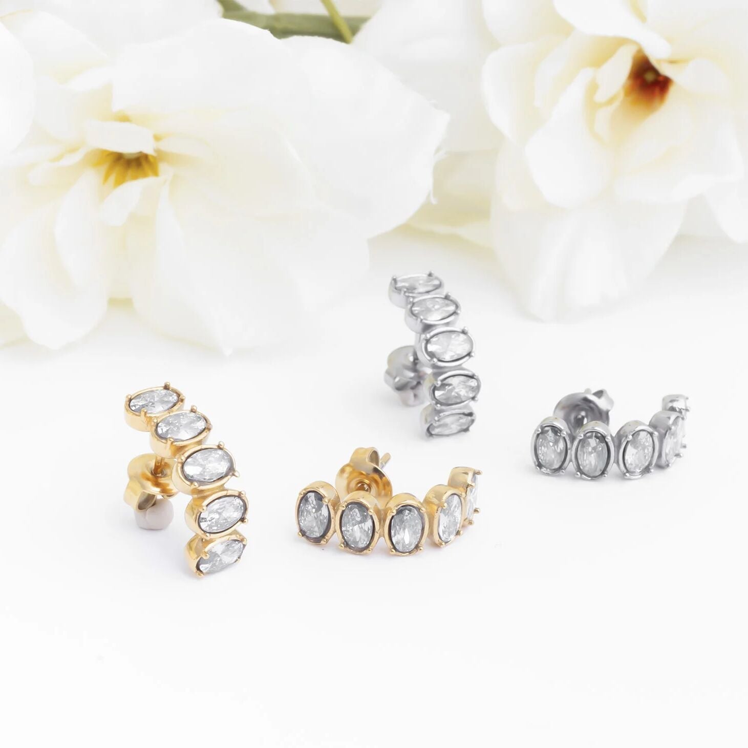 18K Gold PVD Stainless Steel Oval Stone Huggie Earrings