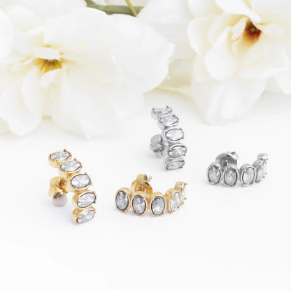18K Gold PVD Stainless Steel Oval Stone Huggie Earrings