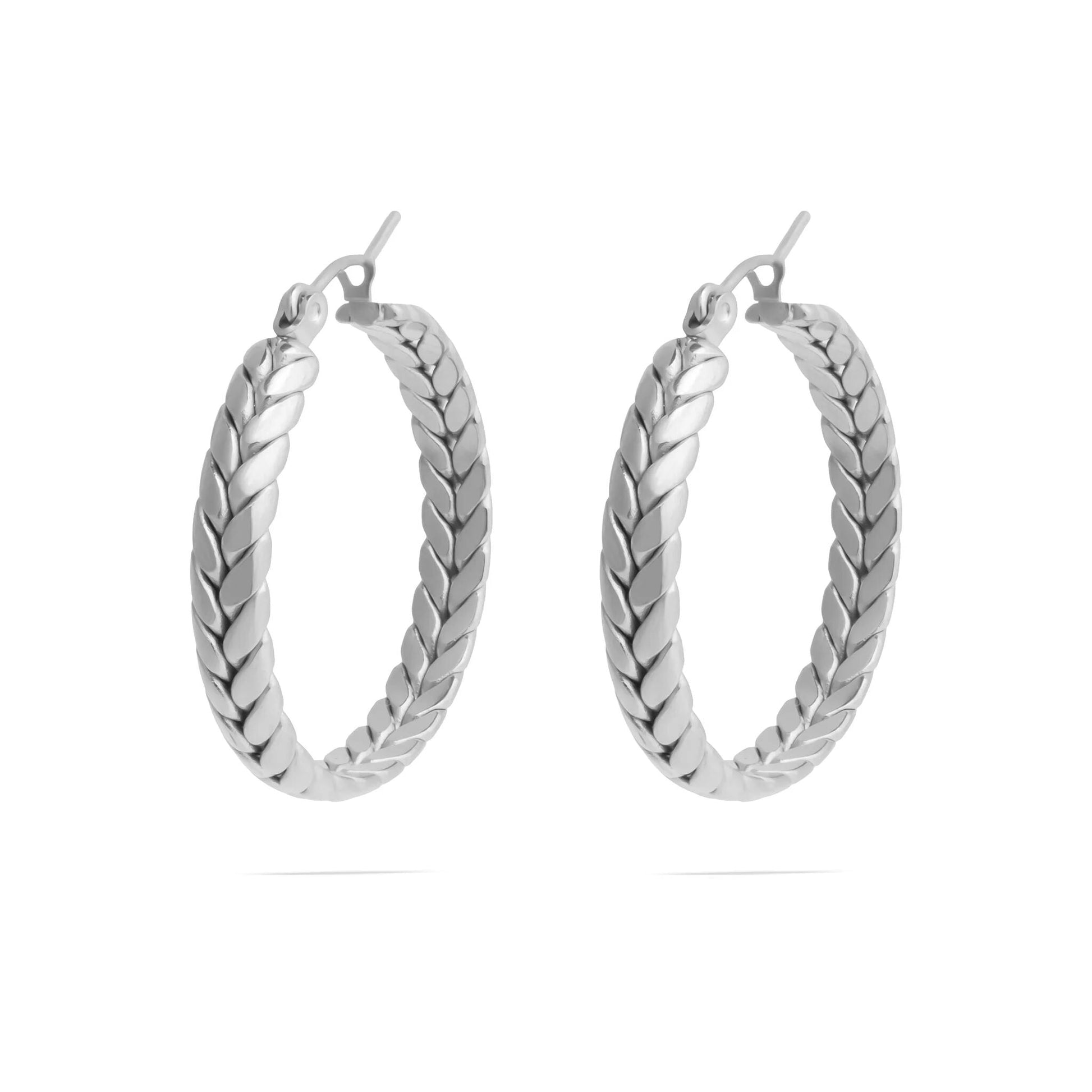 Pair of silver Braided Hoop Earrings with braided design on a white background
