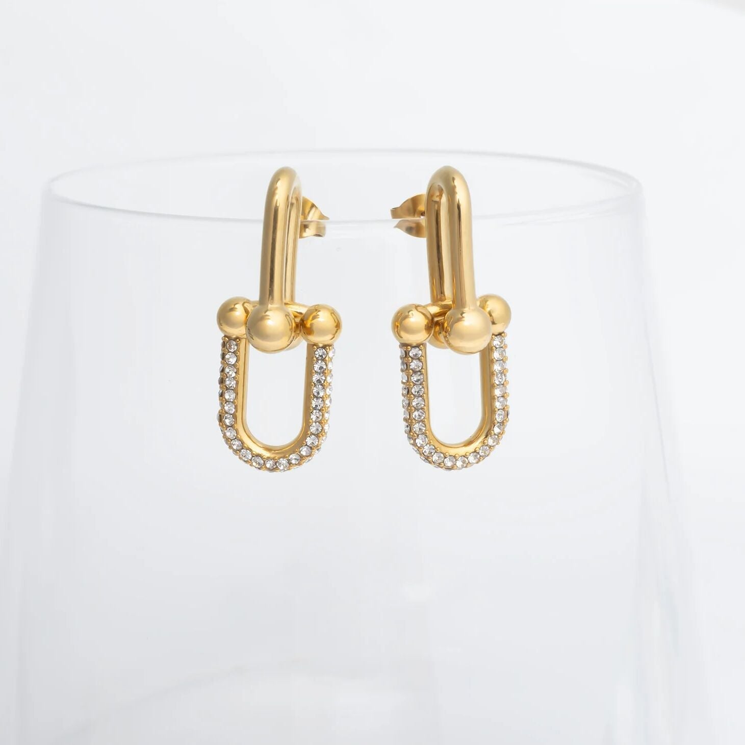 18K Gold PVD Stainless Steel ULock Chain Earrings with CZ Stones