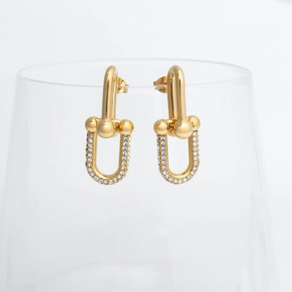 18K Gold PVD Stainless Steel ULock Chain Earrings with CZ Stones