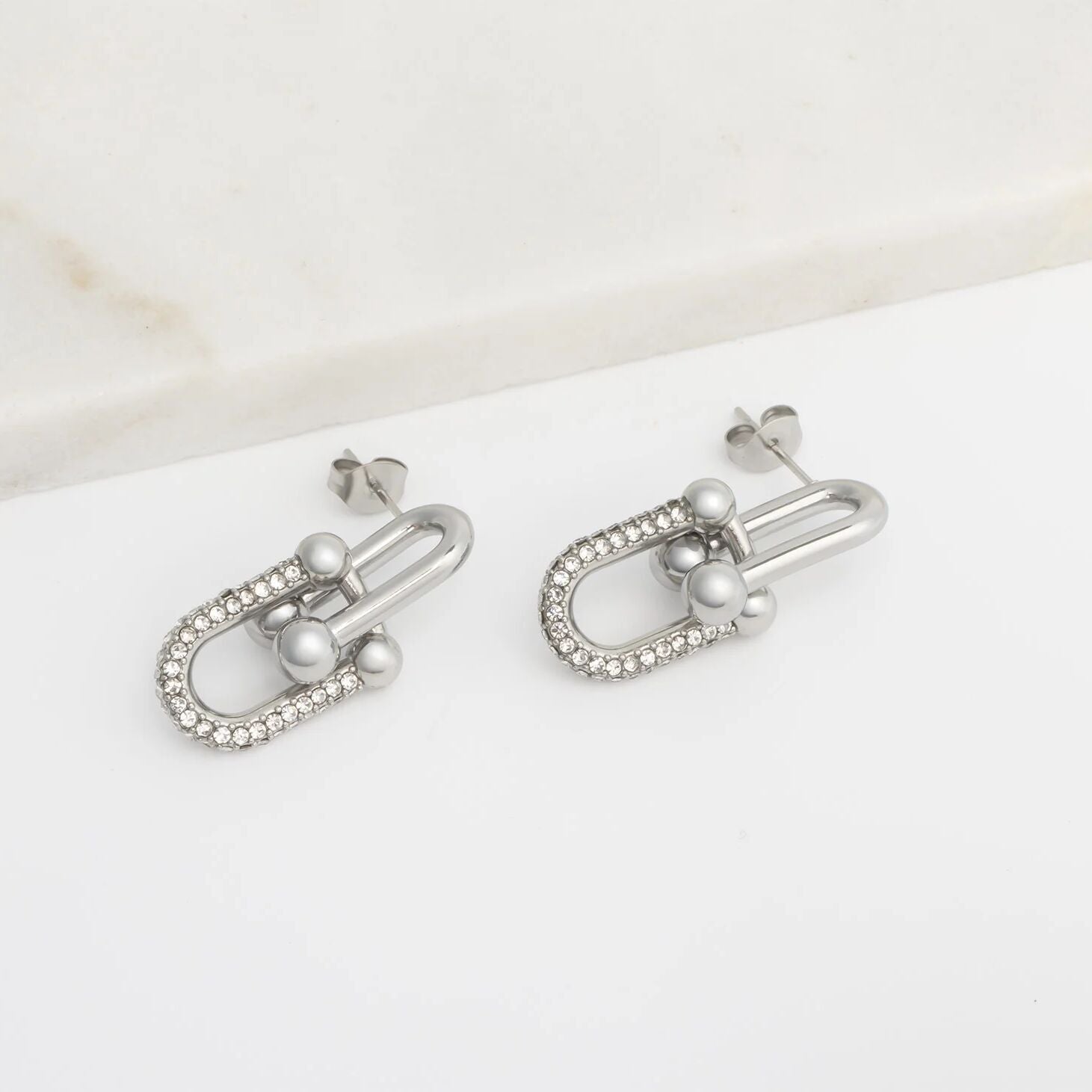 18K Gold PVD Stainless Steel ULock Chain Earrings with CZ Stones