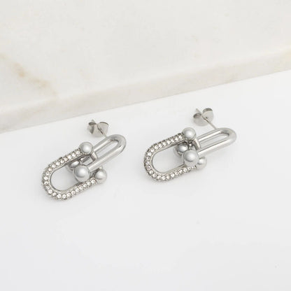 18K Gold PVD Stainless Steel ULock Chain Earrings with CZ Stones