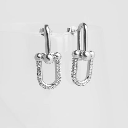 18K Gold PVD Stainless Steel ULock Chain Earrings with CZ Stones