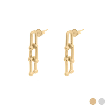 Gold chain-style earrings on a white background