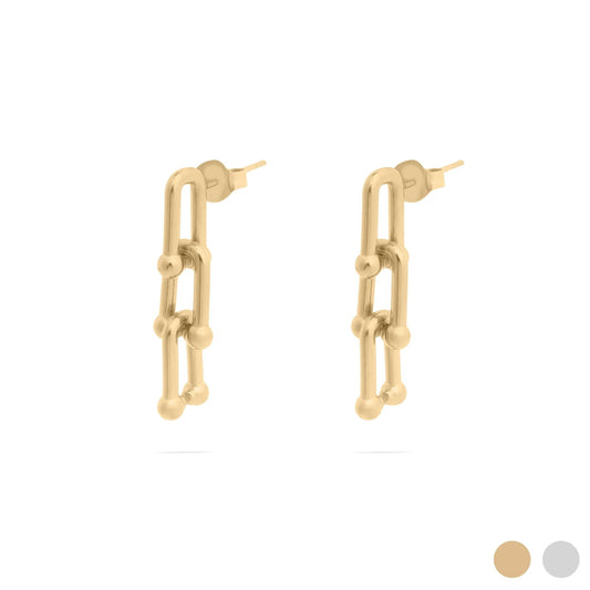 Gold chain-style earrings on a white background