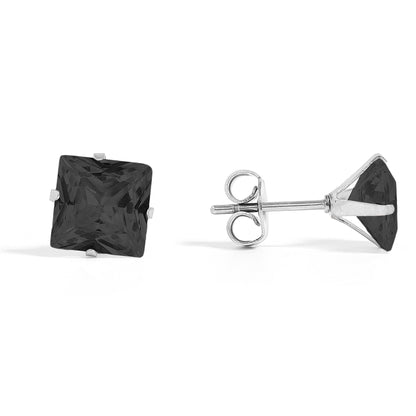 Stainless Steel Clear/Black Square CZ Stud Earrings