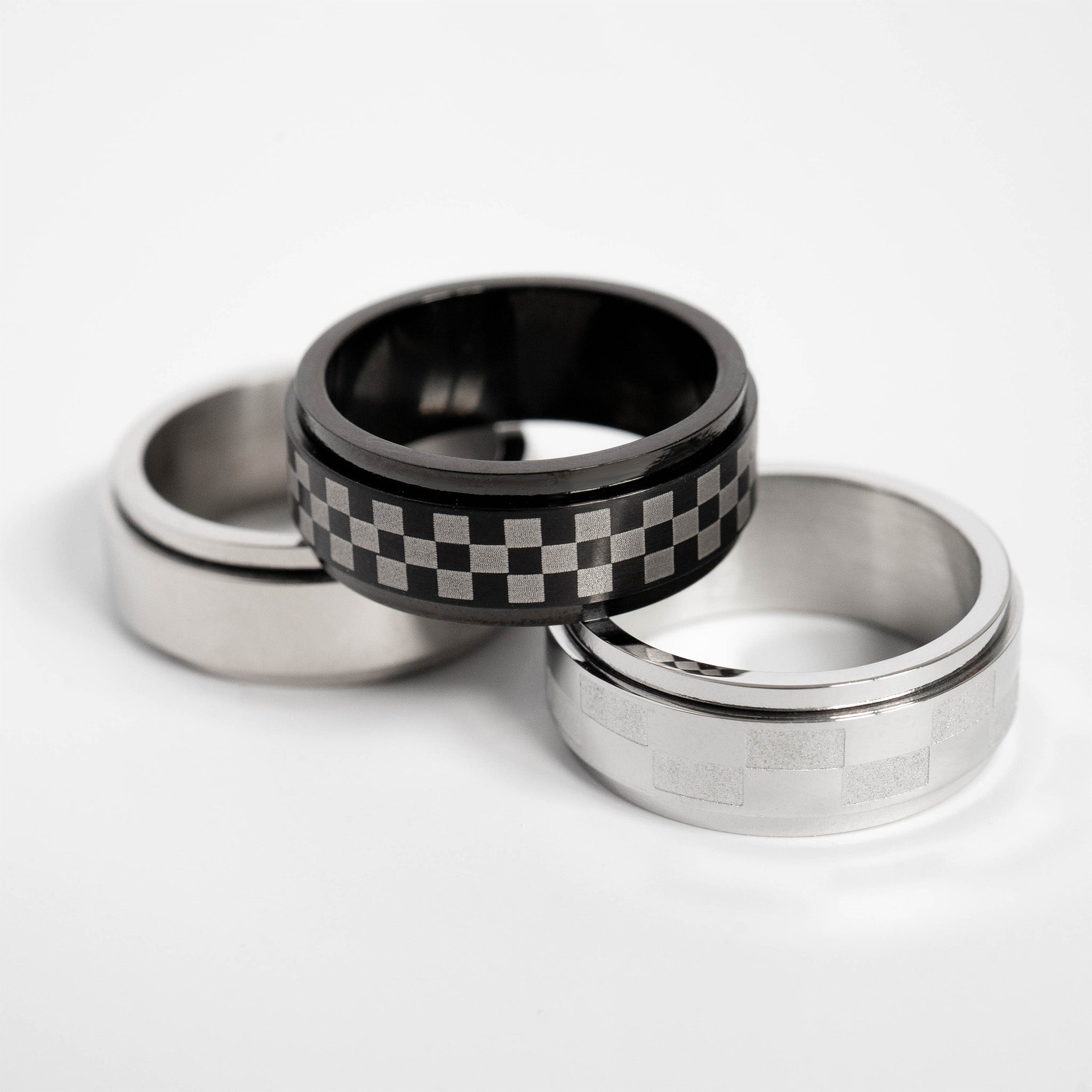 Stainless Steel Two Toned Checkered Spinner Ring