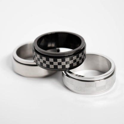 Stainless Steel Black Checker Spinner Ring