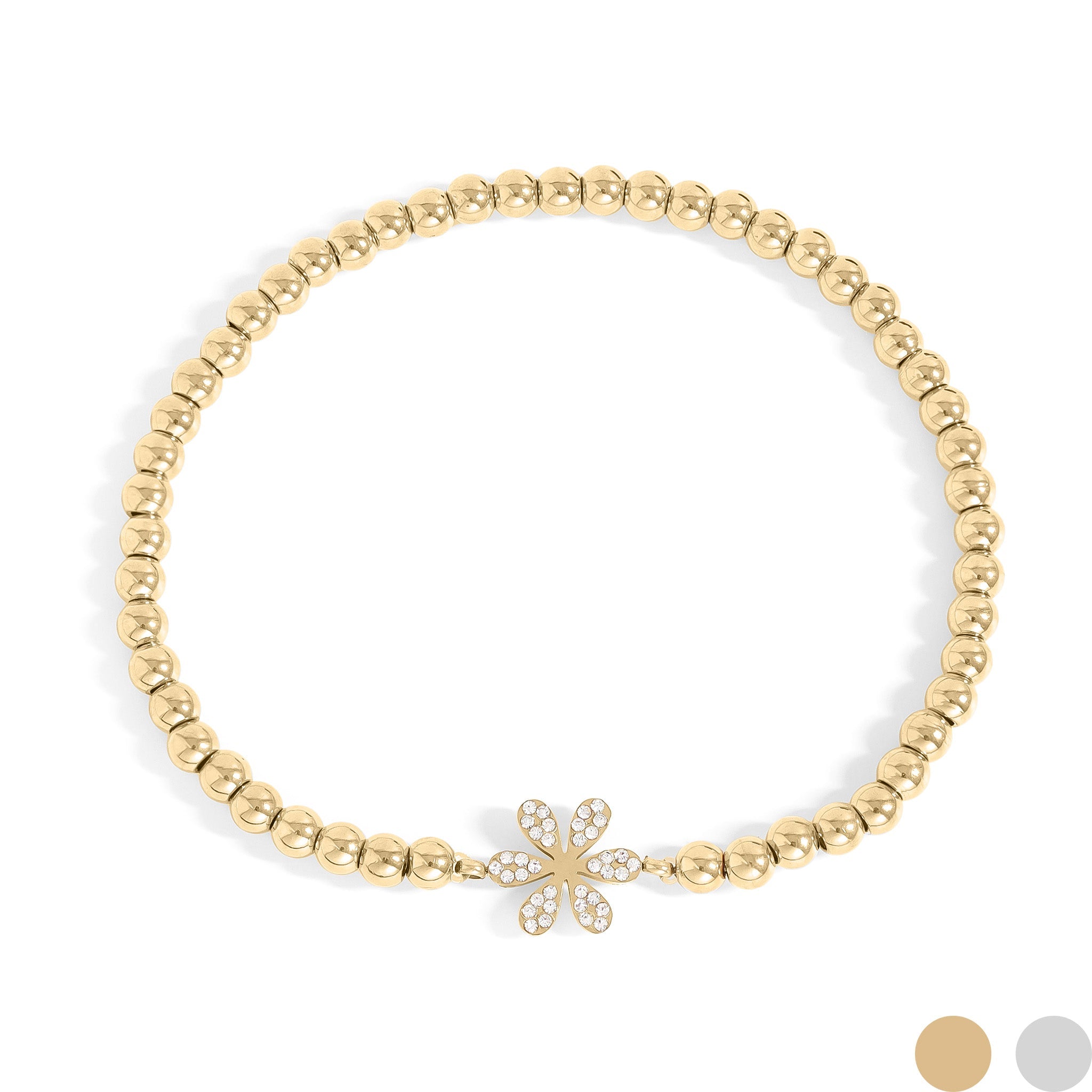 18K Gold PVD Stainless Steel Stone Flower Metal Beaded Stretch Bracelet