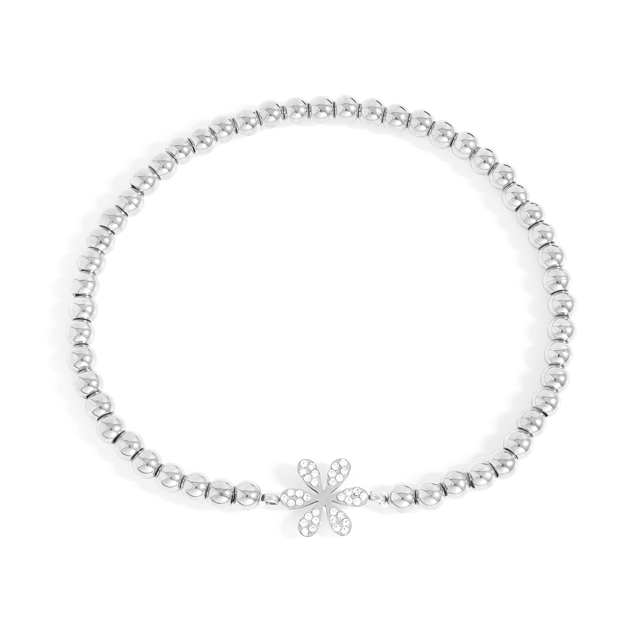18K Gold PVD Stainless Steel Stone Flower Metal Beaded Stretch Bracelet