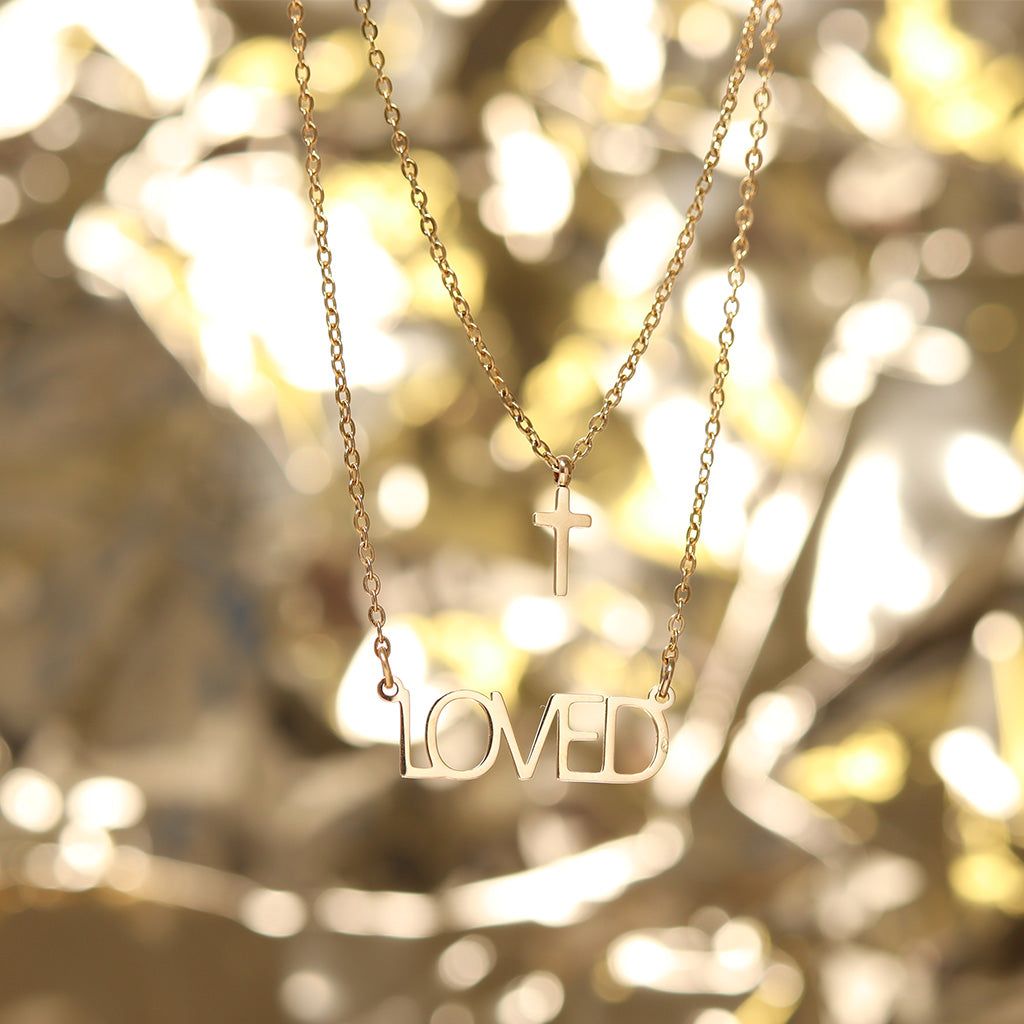 18K Gold PVD Stainless Steel "Loved" Layered Cross Charm Necklace