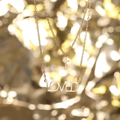 18K Gold PVD Stainless Steel "Loved" Layered Cross Charm Necklace