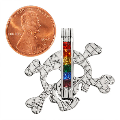 Stainless Steel Cubic Zirconia Skull and Crossbones Rainbow Pendant