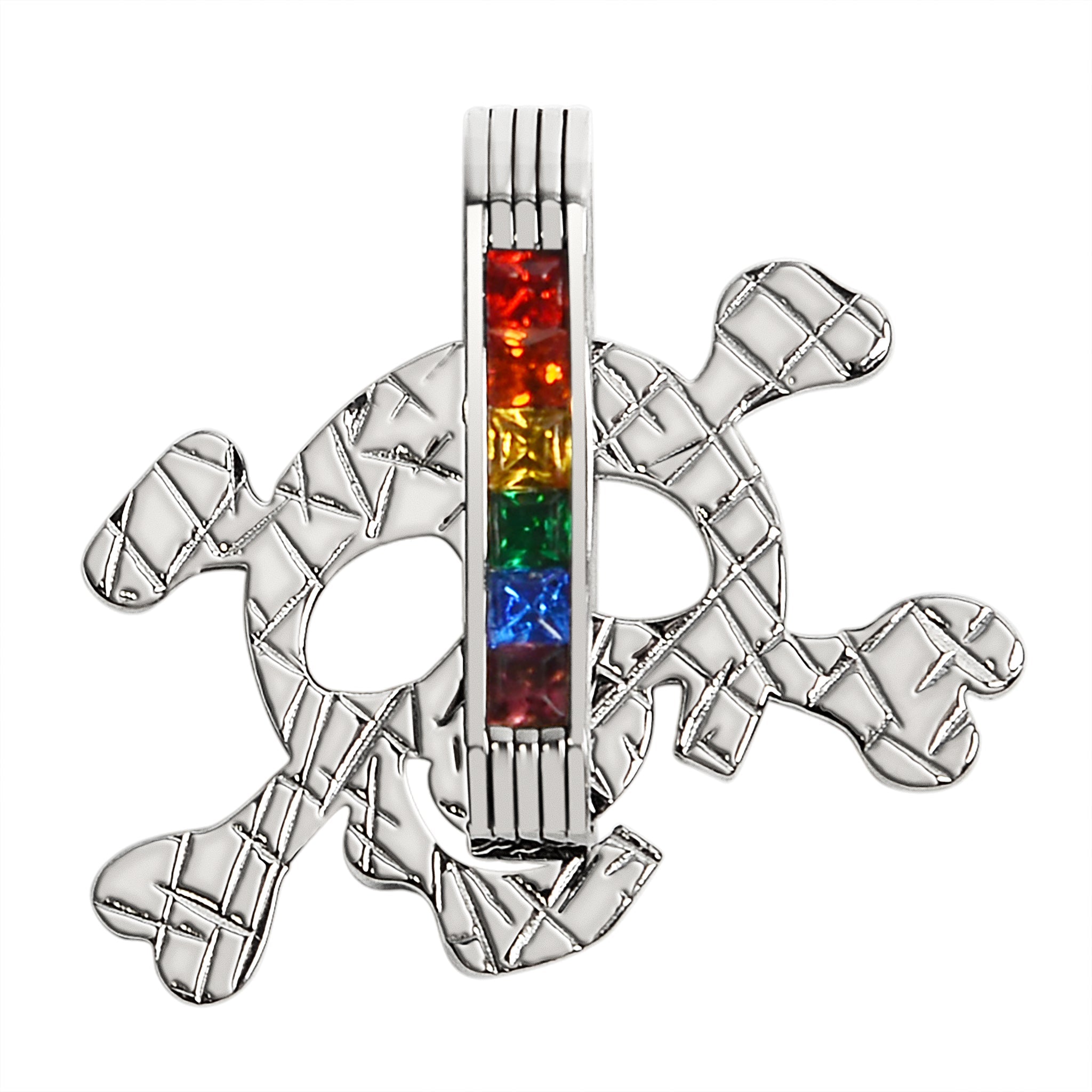 Stainless Steel Cubic Zirconia Skull and Crossbones Rainbow Pendant
