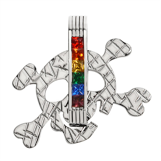 Stainless Steel Cubic Zirconia Skull and Crossbones Rainbow Pendant