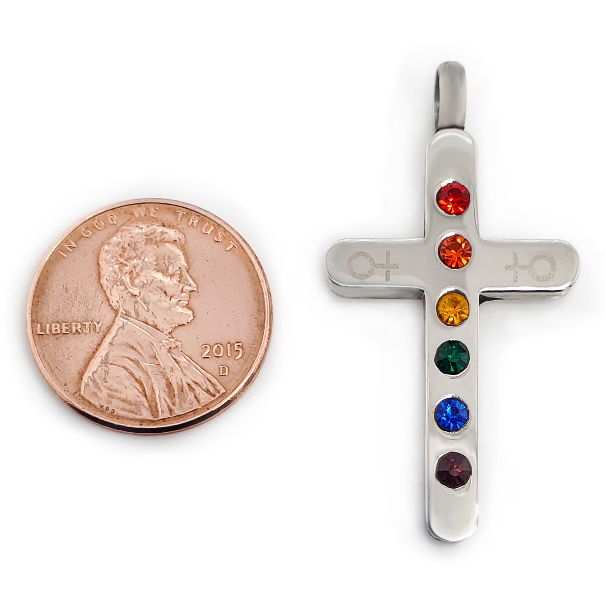 Stainless Steel Cubic Zirconia Rainbow Female Venus Symbol Cross Pendant