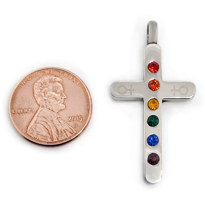 Stainless Steel Cubic Zirconia Rainbow Female Venus Symbol Cross Pendant
